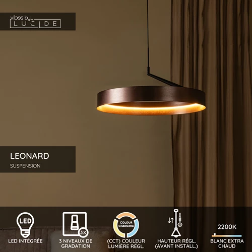 Lucide LEONARD - Suspension - Ø 54,5 cm - LED 3 StepDim - CCT - 1x36W 2200K/3000K - Café - Vibes - USP